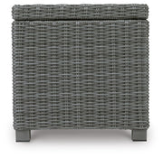 Ashley Furniture Elite Park outdoor end table with a slatted top and sturdy frame, ideal for patio or garden seating areas.