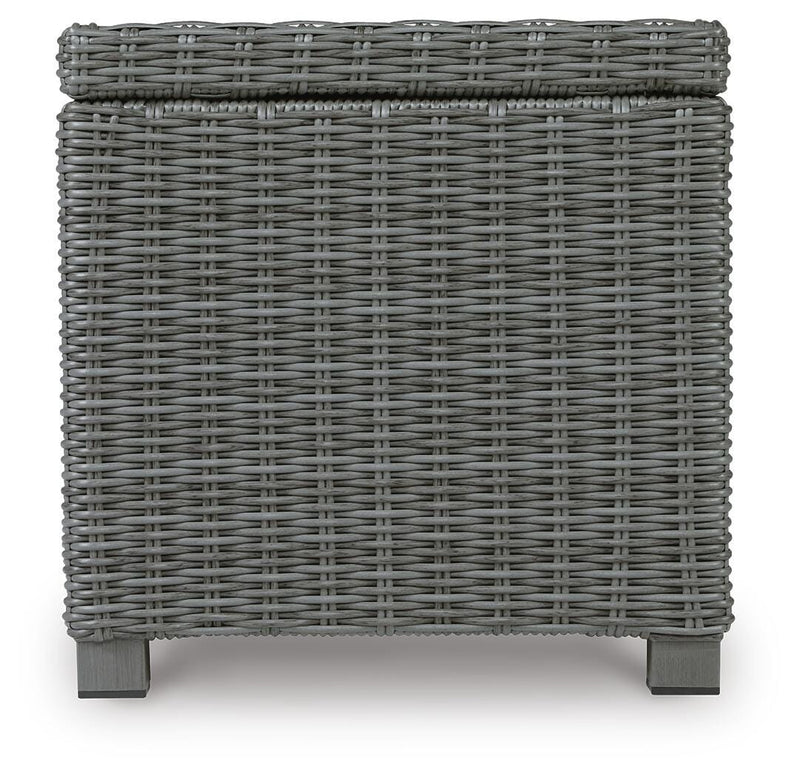 Ashley Furniture Elite Park outdoor end table with a slatted top and sturdy frame, ideal for patio or garden seating areas.