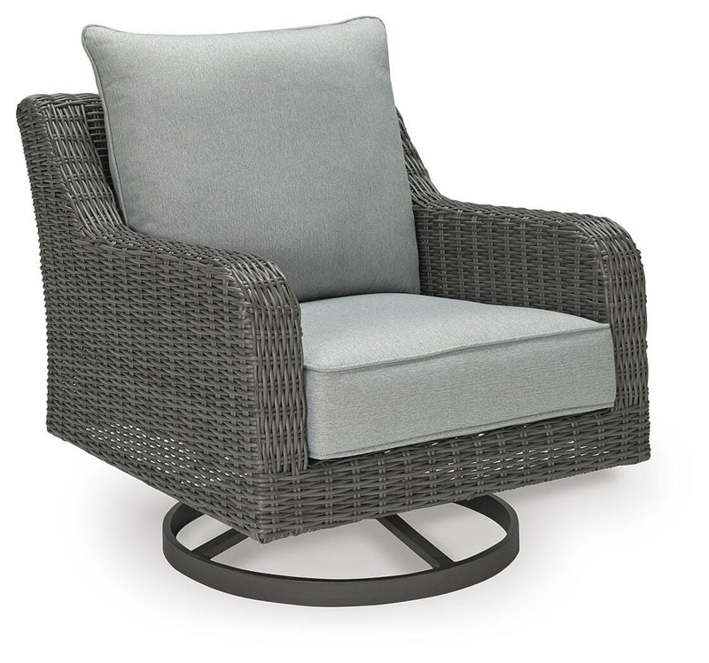 Ashley Furniture Elite Park outdoor swivel lounge chair with cushion, featuring a modern design and comfortable seating.