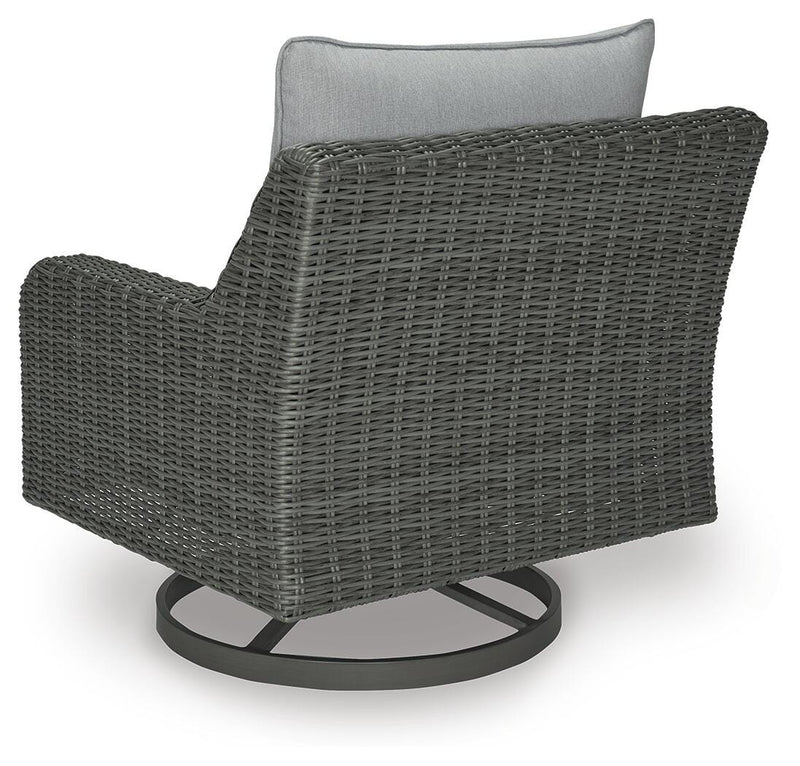 Outdoor swivel lounge chair with cushion by Ashley Furniture, featuring a sleek design and comfortable seating for outdoor relaxation.
