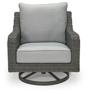 Outdoor swivel lounge chair with cushion by Ashley Furniture, featuring a modern design and comfortable seating for outdoor spaces.