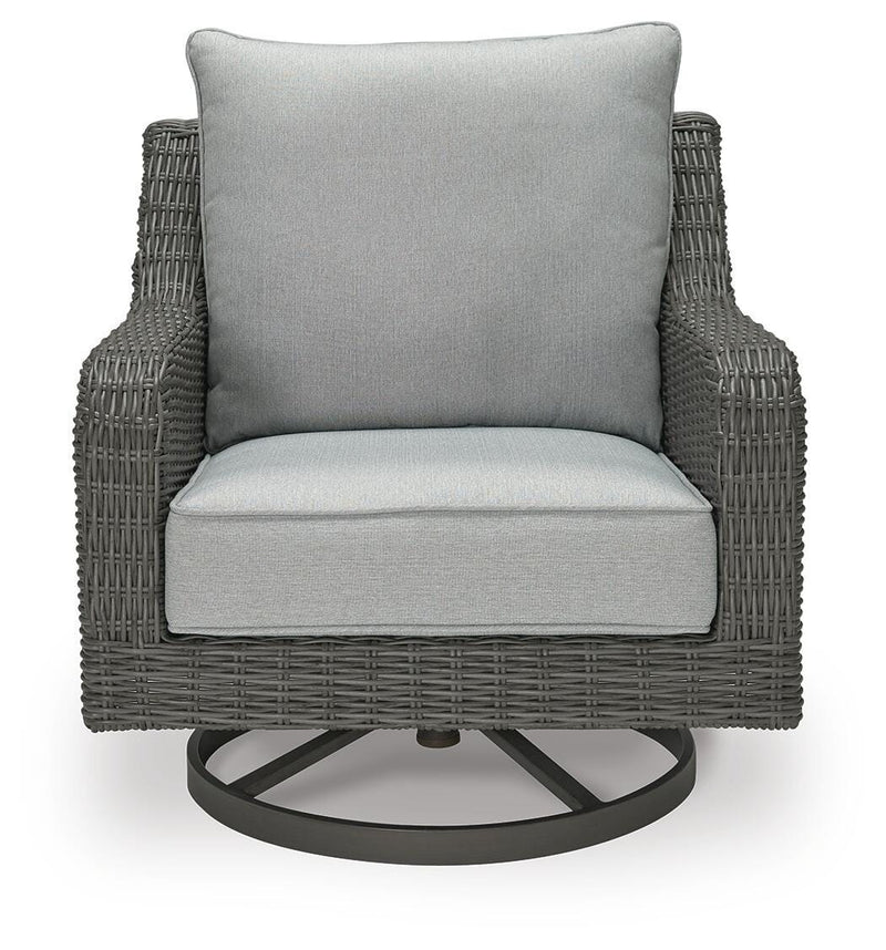 Outdoor swivel lounge chair with cushion by Ashley Furniture, featuring a modern design and comfortable seating for outdoor spaces.