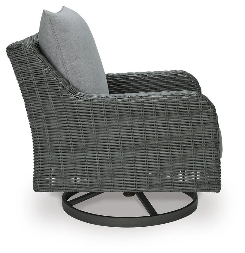 Outdoor swivel lounge chair with cushion from Ashley Furniture, part of the Elite Park collection, designed for outdoor relaxation.