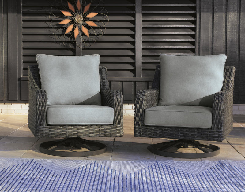 Ashley Furniture Elite Park outdoor swivel lounge chair with cushion, featuring a stylish design and comfortable seating for outdoor relaxation.