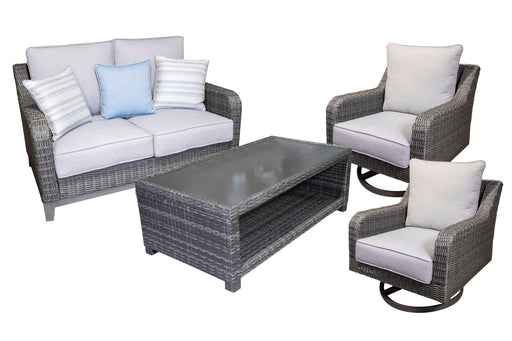 Outdoor loveseat, lounge chairs, and cocktail table from Ashley Furniture's Elite Park outdoor table set in a stylish patio setting.