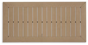 Ashley Furniture Hallow Creek outdoor cocktail table with a wooden top and metal frame, ideal for outdoor patio seating.