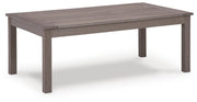 Ashley Furniture Hillside Barn outdoor cocktail table with wooden top and metal legs, ideal for patio or outdoor living spaces.