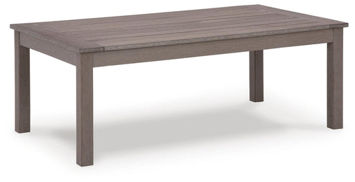 Ashley Furniture Hillside Barn outdoor cocktail table with wooden top and metal legs, ideal for patio or outdoor living spaces.