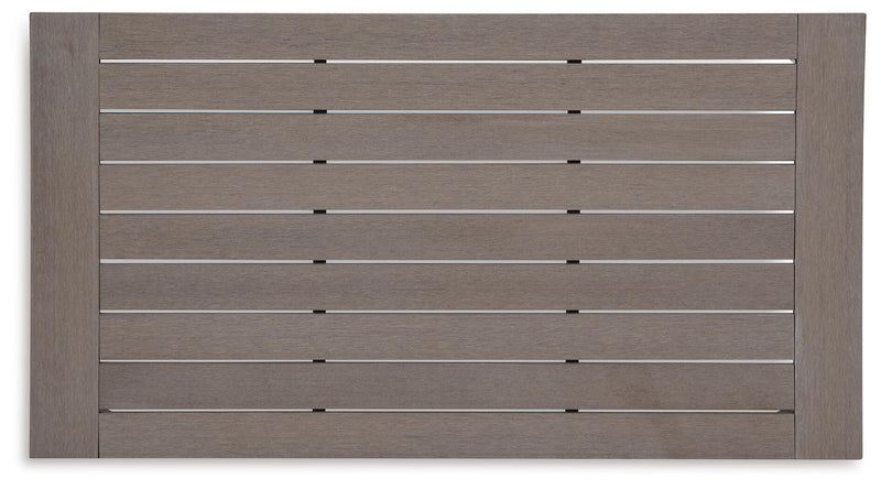 Outdoor cocktail table from Ashley Furniture's Hillside Barn collection, featuring a rustic wooden top and sturdy metal legs.
