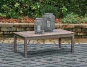 Ashley Furniture Hillside Barn outdoor cocktail table with rustic wooden design and sturdy metal legs.
