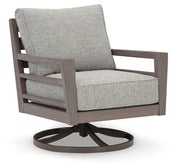 Ashley Furniture Hillside Barn outdoor swivel lounge chair with cushion, featuring a rustic wooden design and comfortable seating.