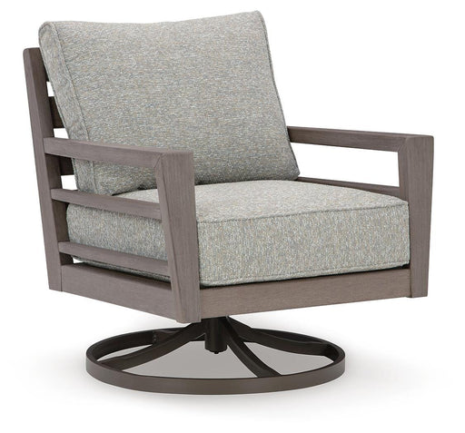 Ashley Furniture Hillside Barn outdoor swivel lounge chair with cushion, featuring a rustic wooden design and comfortable seating.