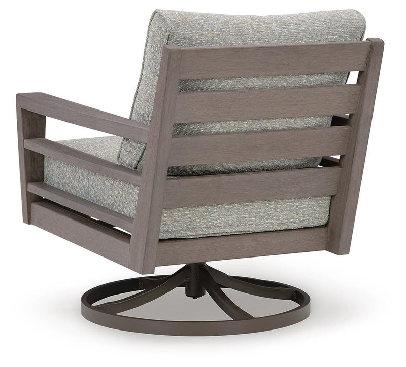 Ashley Furniture Hillside Barn outdoor swivel lounge chair with cushion, featuring a stylish metal frame and comfortable seating.