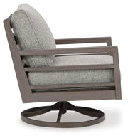 Ashley Furniture Hillside Barn outdoor swivel lounge chair with cushion, featuring a rustic design and comfortable seating.