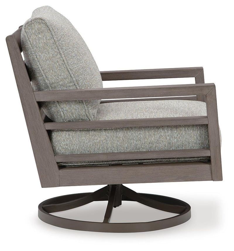 Ashley Furniture Hillside Barn outdoor swivel lounge chair with cushion, featuring a rustic design and comfortable seating.