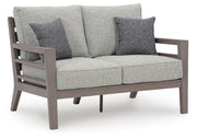 Ashley Furniture Hillside Barn outdoor loveseat with cushion, featuring a wooden frame and comfortable seating set.