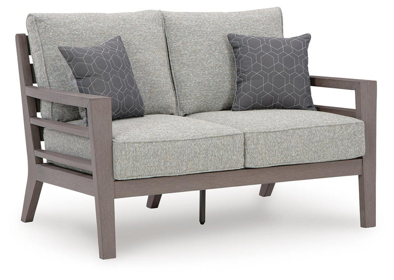 Ashley Furniture Hillside Barn outdoor loveseat with cushion, featuring a wooden frame and comfortable seating set.