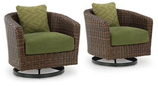 Ashley Furniture Horizon Hall outdoor swivel lounge chair with cushion, featuring a modern design and comfortable seating for outdoor spaces.