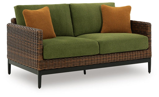 Horizon Hall outdoor loveseat by Ashley Furniture with plush cushions, featuring a sturdy frame and stylish design for patio seating.