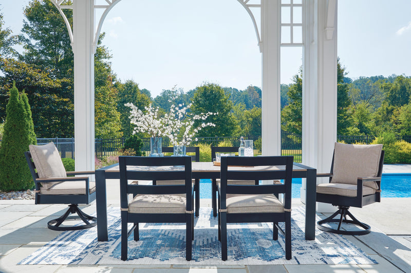 Ashley Furniture East Beach outdoor dining set with a rectangular table and six chairs, ideal for patio or garden dining.