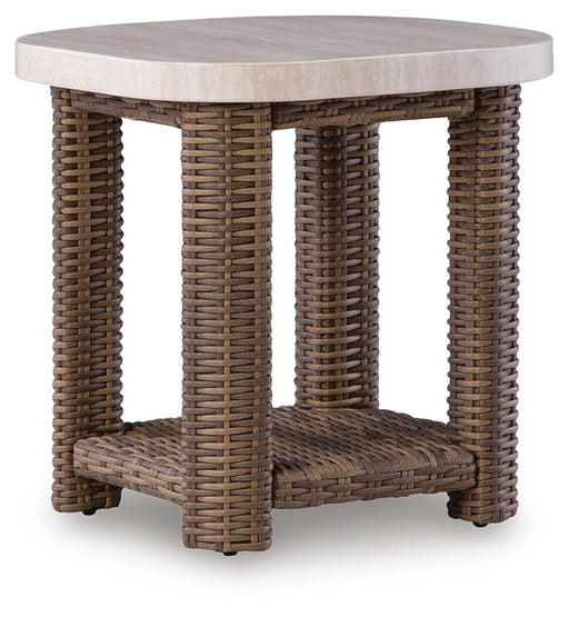 Ashley Furniture Dolan Creek outdoor end table with a wooden top and black metal frame, perfect for patio or garden decor.