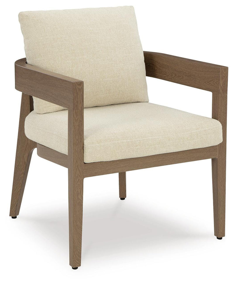 Ashley Furniture Serene Bay outdoor dining set with a rectangular table and six chairs, featuring a modern design for outdoor dining.