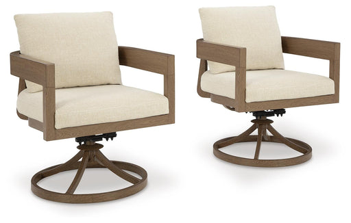Set of two Ashley Furniture Serene Bay outdoor swivel dining chairs with cushions, featuring a stylish design and comfortable seating.