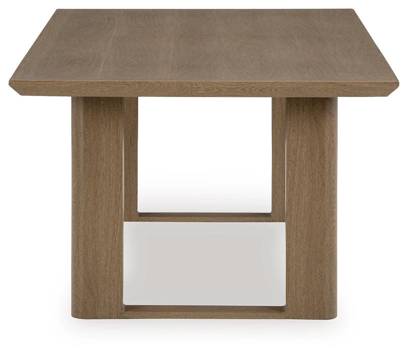Ashley Furniture Serene Bay outdoor dining set with a rectangular table and six matching chairs, ideal for patio dining.