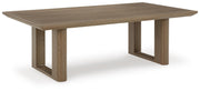 Ashley Furniture Serene Bay outdoor cocktail table with a sleek wooden top and metal frame, perfect for patio or garden seating areas.