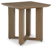 Ashley Furniture Serene Bay outdoor end table with slatted wood surface and metal frame, suitable for patio or garden decor.