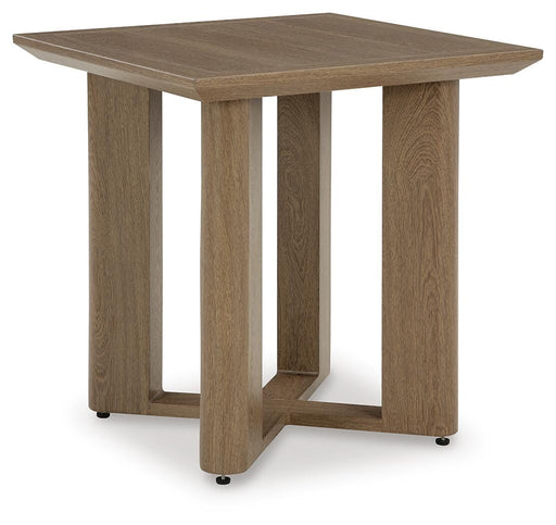 Ashley Furniture Serene Bay outdoor end table with slatted wood surface and metal frame, suitable for patio or garden decor.