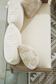 Ashley Furniture Serene Bay outdoor loveseat with plush cushions, featuring a stylish weather-resistant design for comfortable outdoor seating.