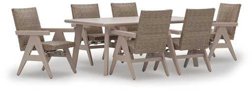 Ashley Furniture Cliff Trails outdoor dining set with a table and chairs, ideal for patio outdoor dining.