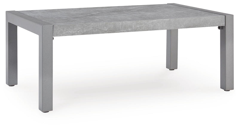 Hurley Park outdoor cocktail table by Ashley Furniture with a sturdy wooden top and metal frame, ideal for outdoor lounging.