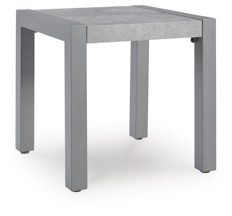 Ashley Furniture Hurley Park outdoor end table with a wooden top and metal frame, ideal for patio or garden spaces.