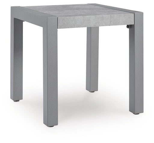 Ashley Furniture Hurley Park outdoor end table with a wooden top and metal frame, ideal for patio or garden spaces.