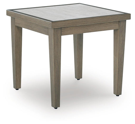Outdoor end table by Ashley Furniture from Rainier Ranch collection, featuring a rustic wooden top and sturdy metal legs.