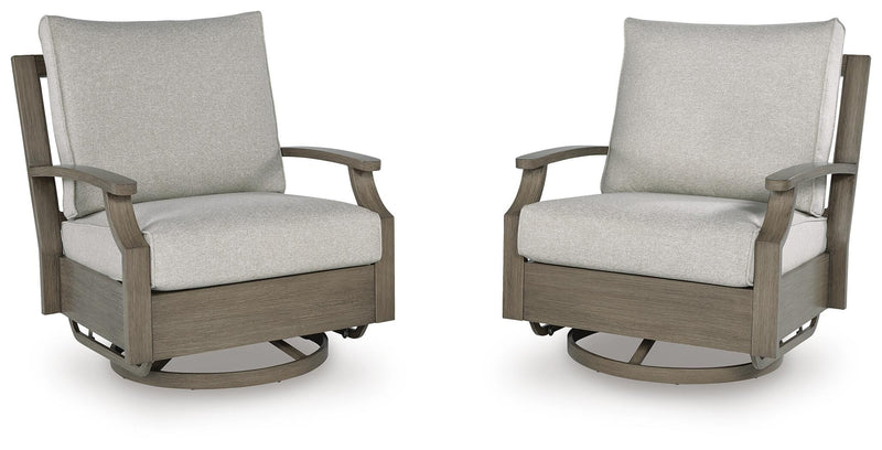 Outdoor swivel glider chair with cushion from Ashley Furniture, perfect for outdoor lounging and relaxation.