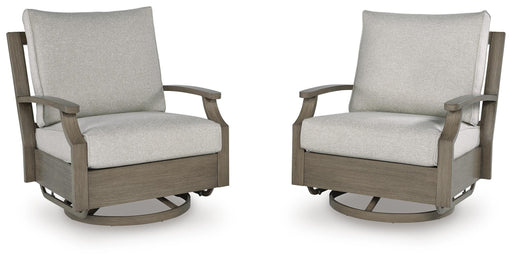 Outdoor swivel glider chair with cushion from Ashley Furniture, perfect for outdoor lounging and relaxation.
