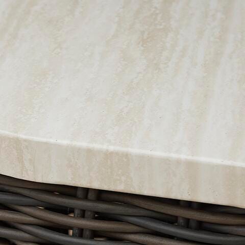 Ashley Furniture Kimora outdoor end table with a sleek dark finish and sturdy wooden construction, ideal for outdoor patio decor.