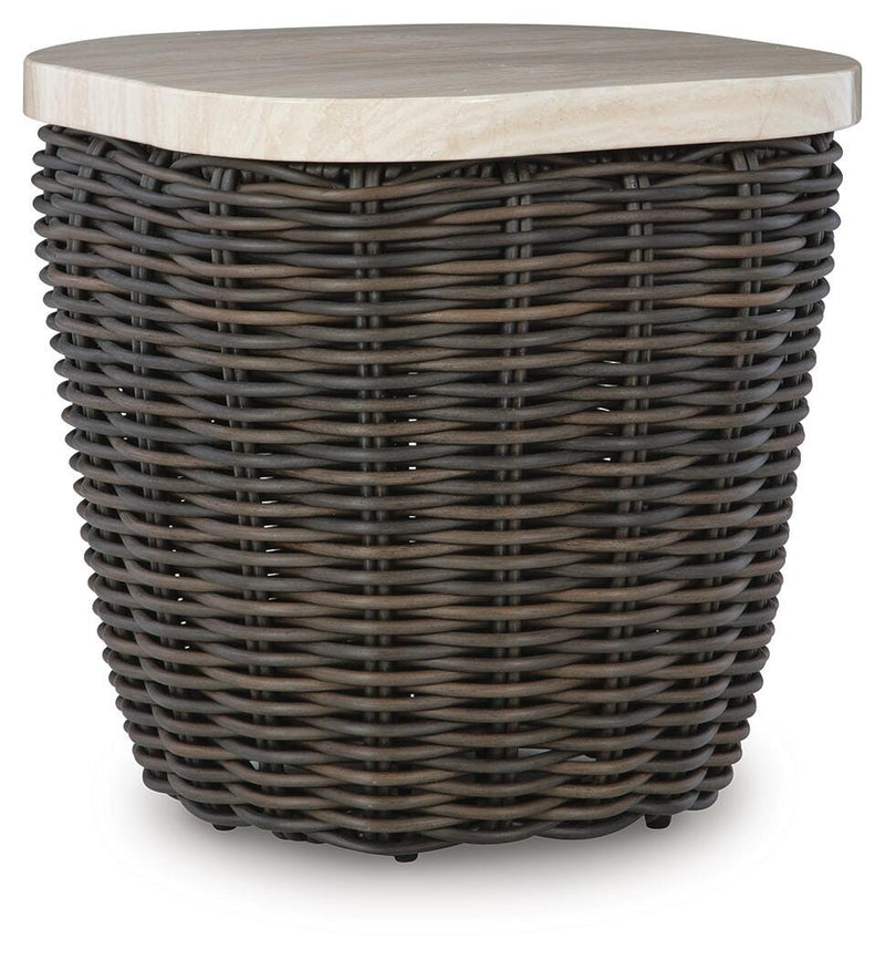 Ashley Furniture Kimora outdoor end table with a woven rattan-style design and sturdy wooden legs, perfect for patio or garden.