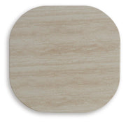 Ashley Furniture Kimora outdoor end table with a round wooden top and metal frame, perfect for patio or garden decor.
