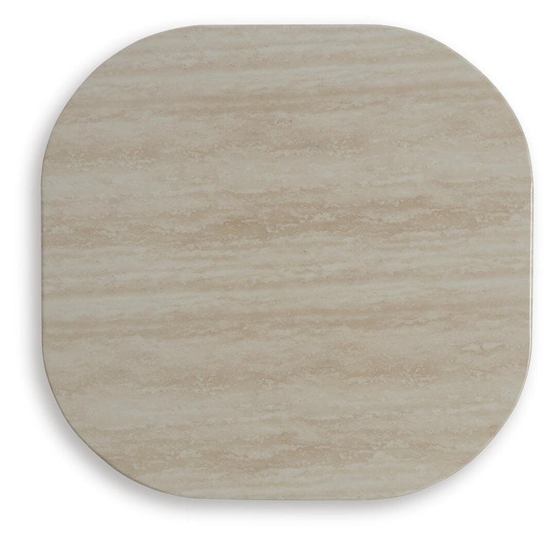 Ashley Furniture Kimora outdoor end table with a round wooden top and metal frame, perfect for patio or garden decor.