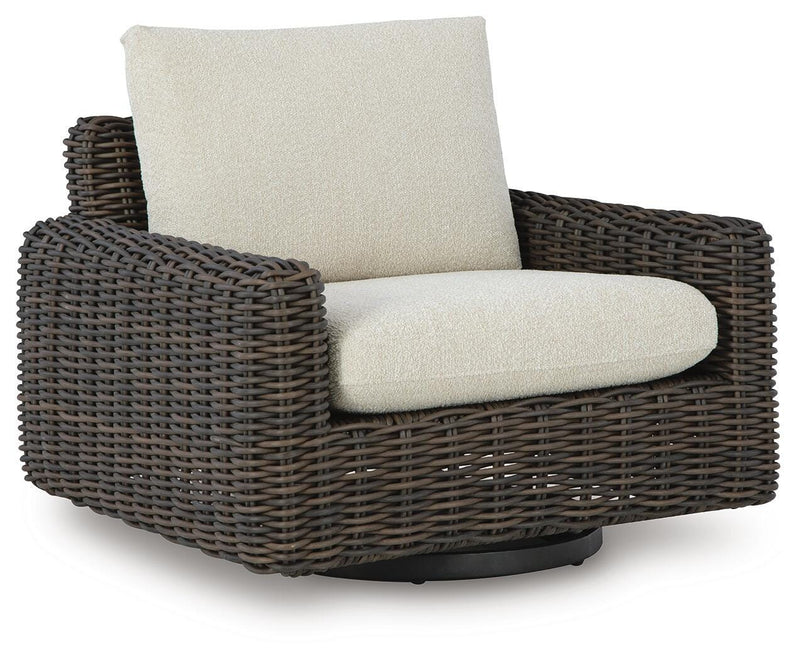 Kimora outdoor swivel lounge chair by Ashley Furniture with cushioned seat and backrest, suitable for patio or garden relaxing.