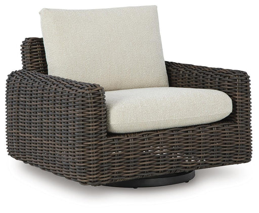 Kimora outdoor swivel lounge chair by Ashley Furniture with cushioned seat and backrest, suitable for patio or garden relaxing.