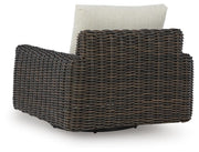 Ashley Furniture Kimora outdoor swivel lounge chair with cushioned seat and backrest, ideal for patio or garden relaxation.