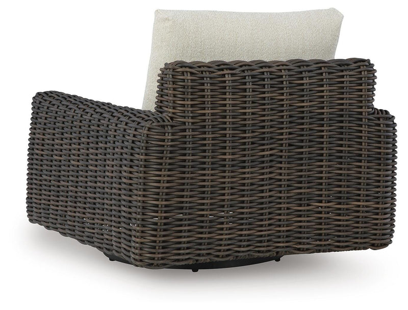 Ashley Furniture Kimora outdoor swivel lounge chair with cushioned seat and backrest, ideal for patio or garden relaxation.