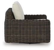 Ashley Furniture Kimora outdoor swivel lounge chair with cushioned seat and backrest, perfect for patio relaxation.