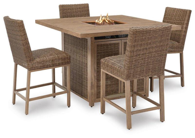 Ashley Furniture Walton Bridge outdoor dining set with a table and four chairs, designed for stylish outdoor entertaining.