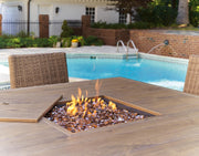 Ashley Furniture Walton Bridge outdoor dining set with a table and four chairs featuring a fire pit centerpiece.